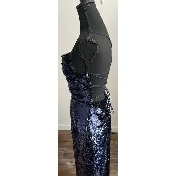 Sabina Musayev Navy Sapphire Open Lace Up Back Midi Lera Sequin Dress - Picture 6 of 9